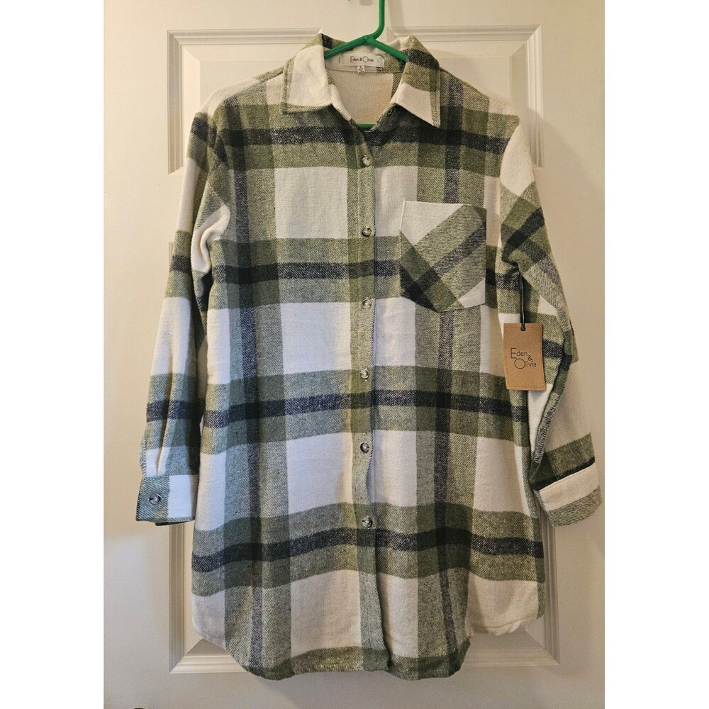 Small Plaid Flannel Shirt Jacket Olive Green & Ivory New w/ Tags Eden & Olivia